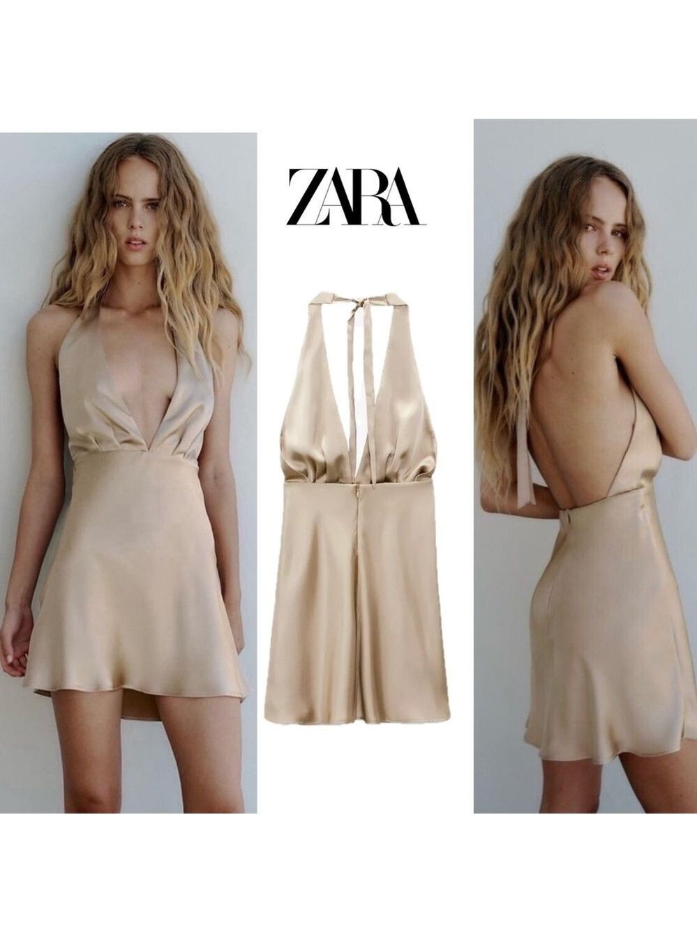 Zara beige tan brown satin effect fit & flare halter top open back mini dress M
